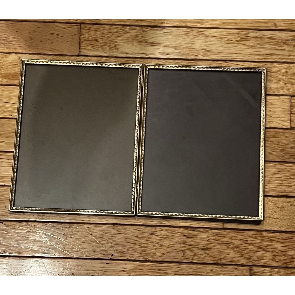Vtg Gold Metal Double Picture Frame Photo 8x10 Engraved Hinged Mid Century
